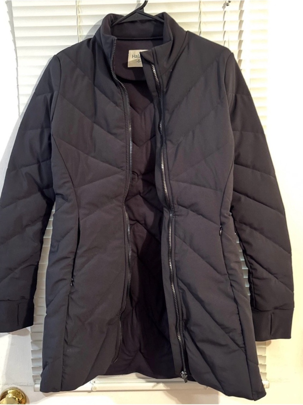 Halara PuffFlex Long Puffer Coat Black Stand Collar Thumb Holes Athletic Size Sm